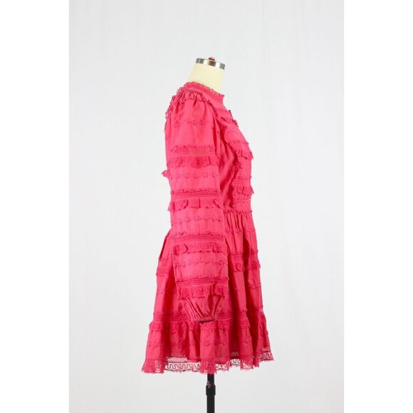 ULLA JOHNSON Amour Fuchsia Pink Cotton Lace Ruffle Balloon Sleeve Dress, Size 6 - Picture 5 of 16